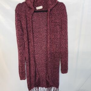 Altar'd State Burgundy Hooded Open-Front Knit Cardigan With Fringe